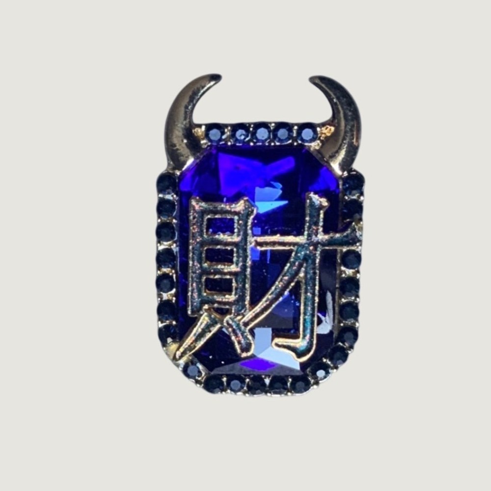 Kanji Devil Horns Wealth Brooch Blue Rhinestone Costume Jewelry Pin